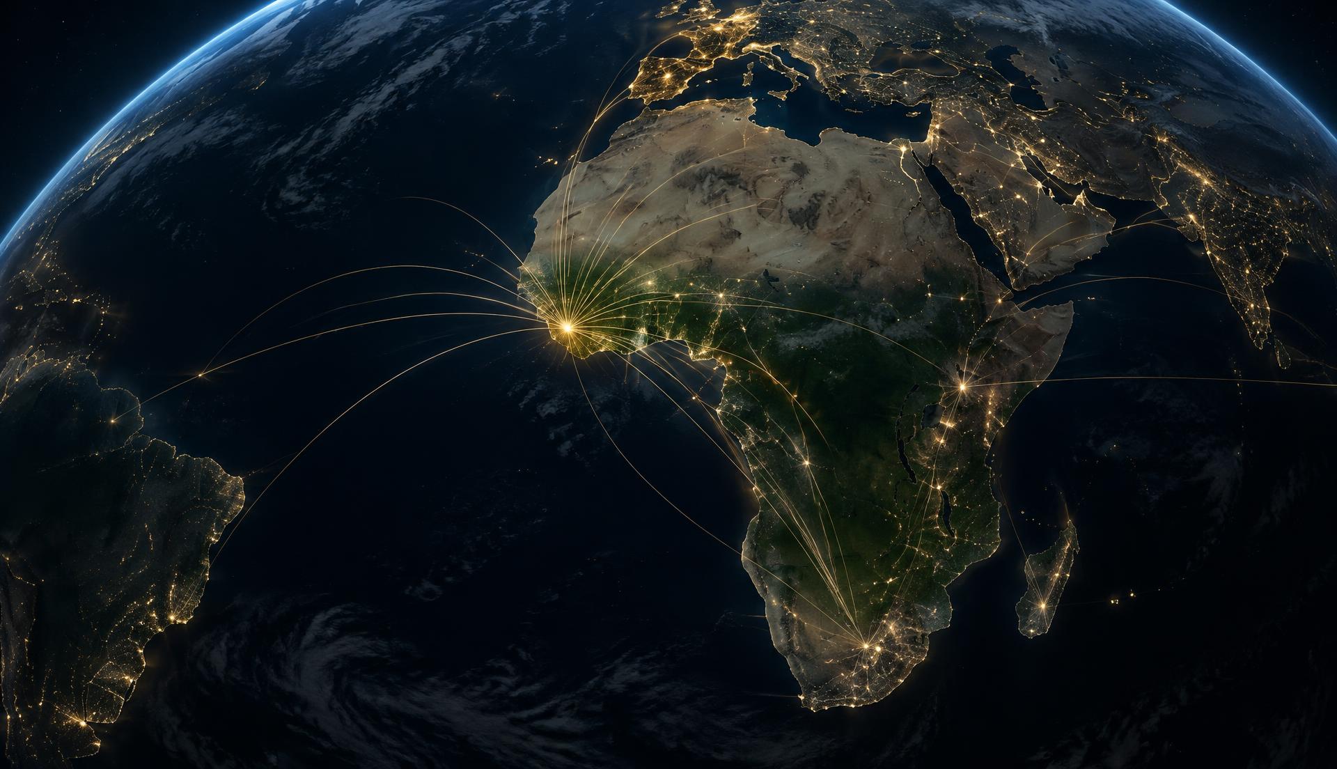 Vue orbitale de l’Afrique reliée aux marchés internationaux par des lignes de lumière